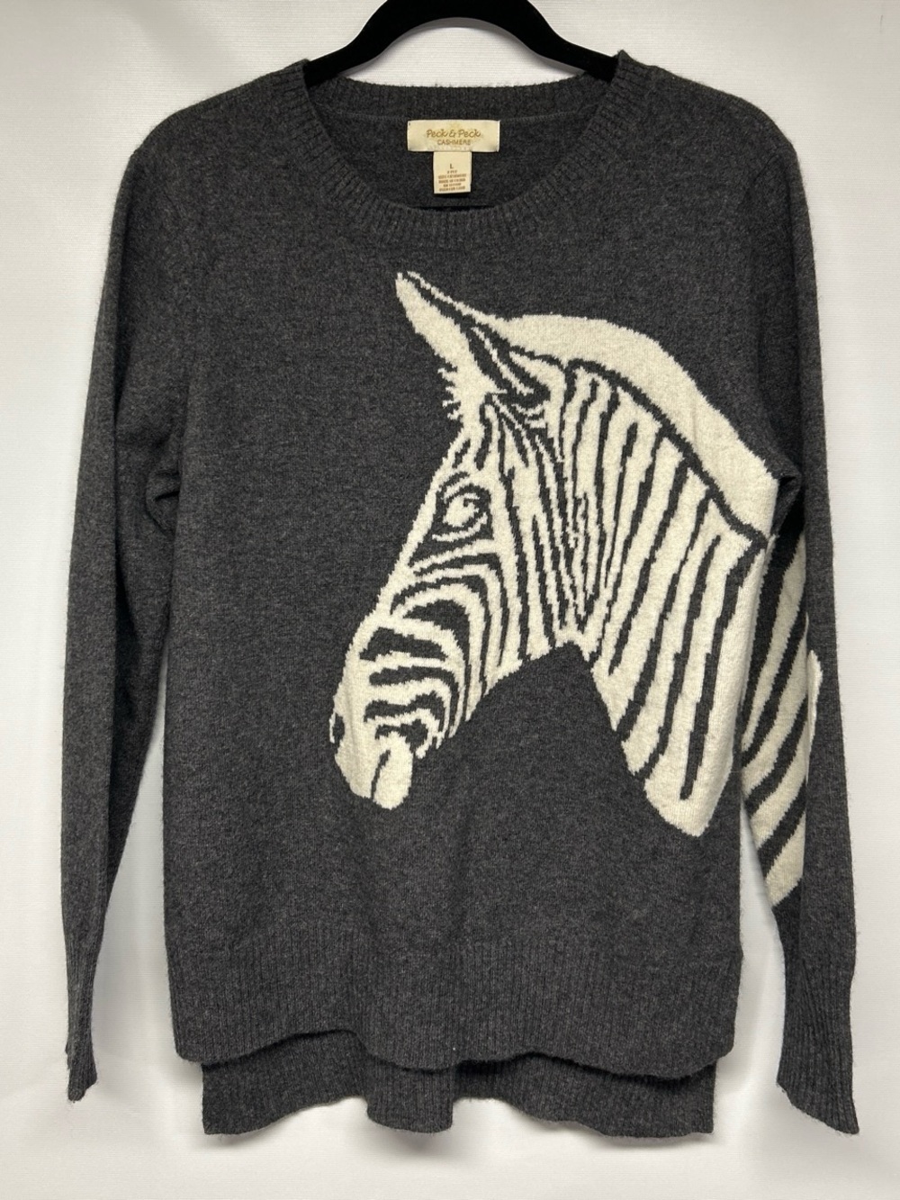 Peck & Peck Charcoal Crewneck Sweater with Ivory Zebra Motif